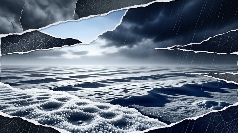 A blue rippled surface resembling frozen waves sits under a torn edge revealing dark cracked texture and falling rain.