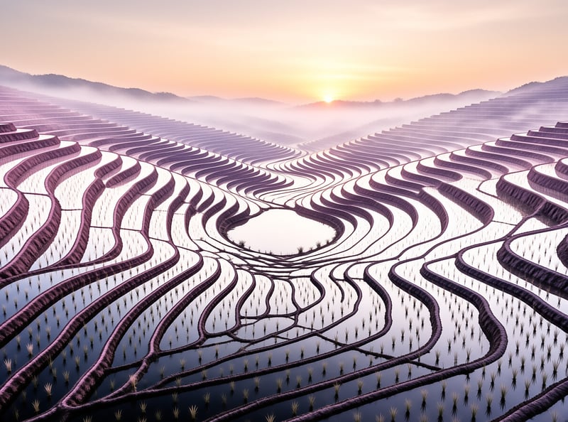 Flooded paddy steps ripple down a valley at dawn, mirroring a pale orange sky through drifting mountain fog.