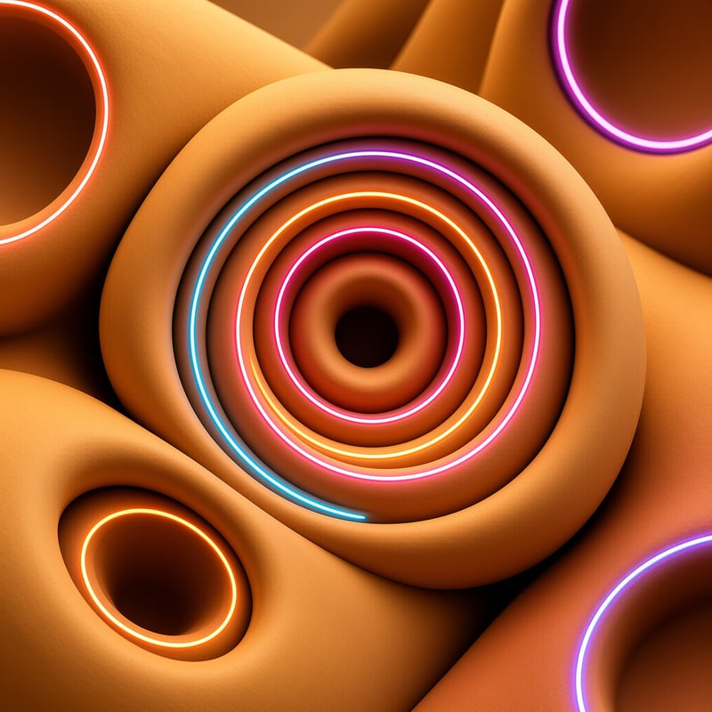 Glowing concentric neon circles are set into smooth sculpted amber 3D shapes.