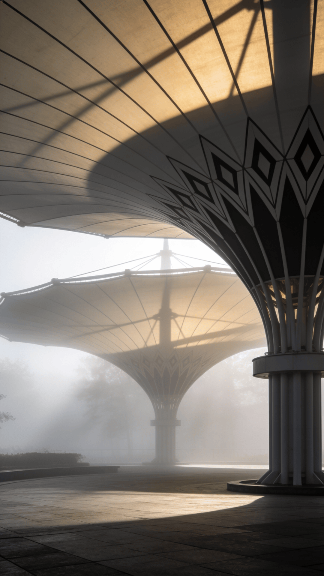 Pavilion with Tensile Structure — Foggy Morning
