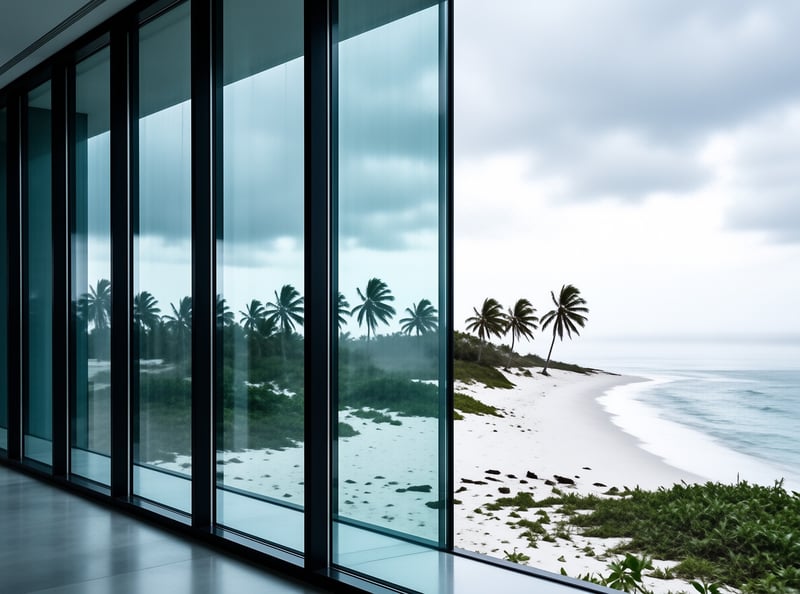 Tropical shoreline with palm trees and white sand visible through large glass windows under a cloudy sky.