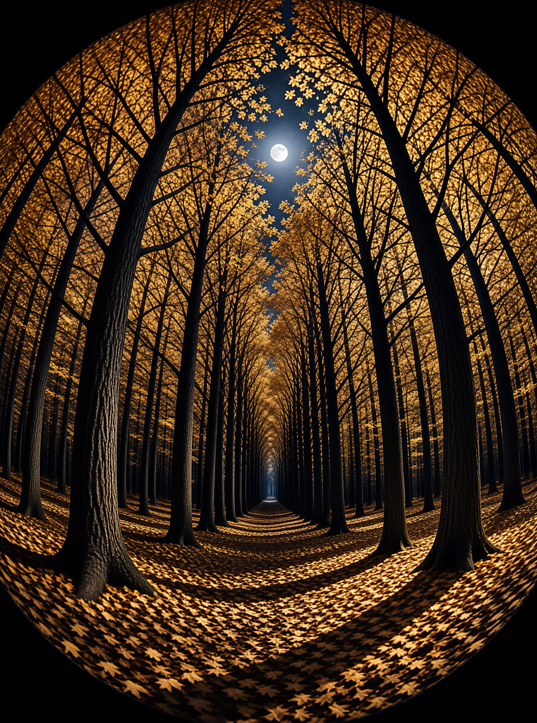 Dense rows of trees with golden foliage create a tunnel effect leading to a moonlit horizon at night.