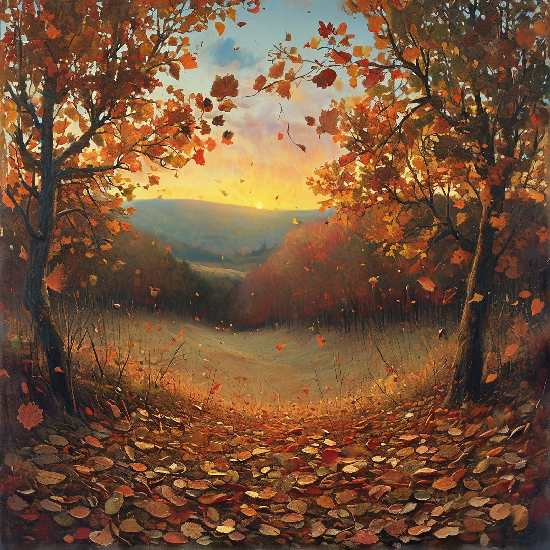 A winding dirt trail covered in red leaves leads between tall trees toward a glowing horizon.