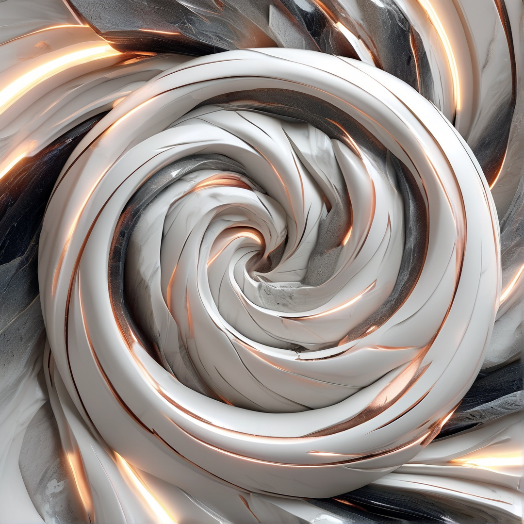 Glossy abstract metal twists inward featuring polished silver surfaces and warm copper lighting along the curved edges.