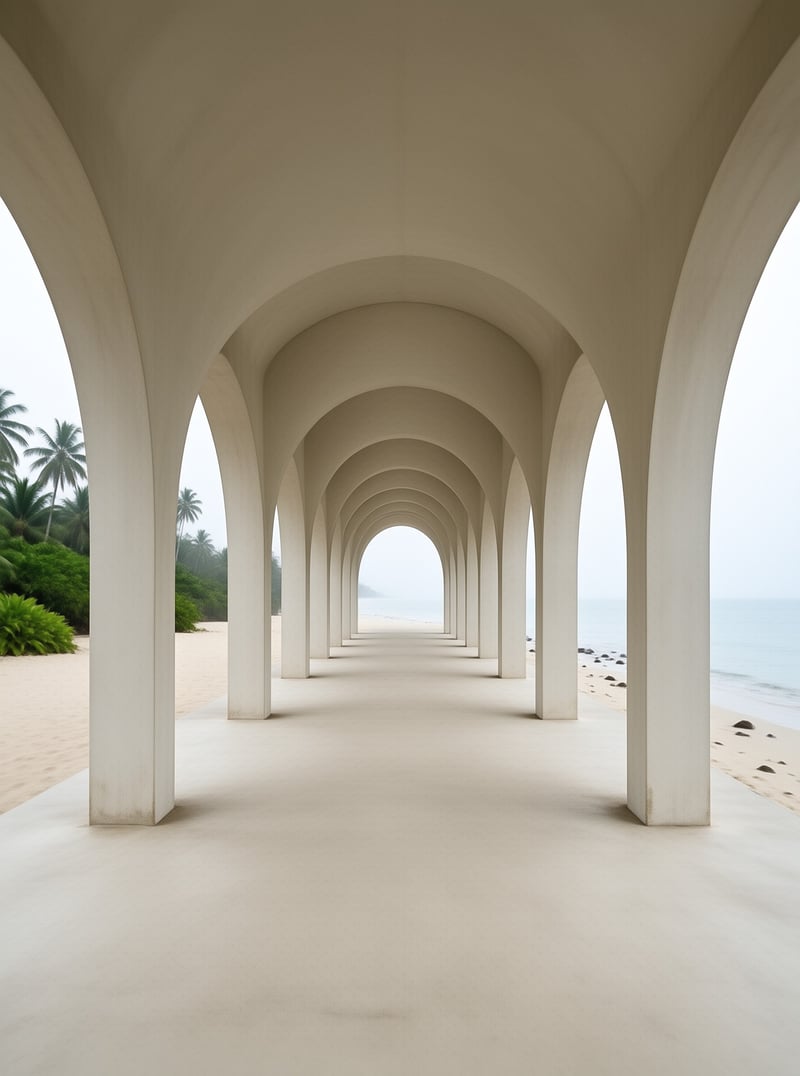 White arched walkway running along a sandy shore with palm trees on the left and ocean visible through the structure.