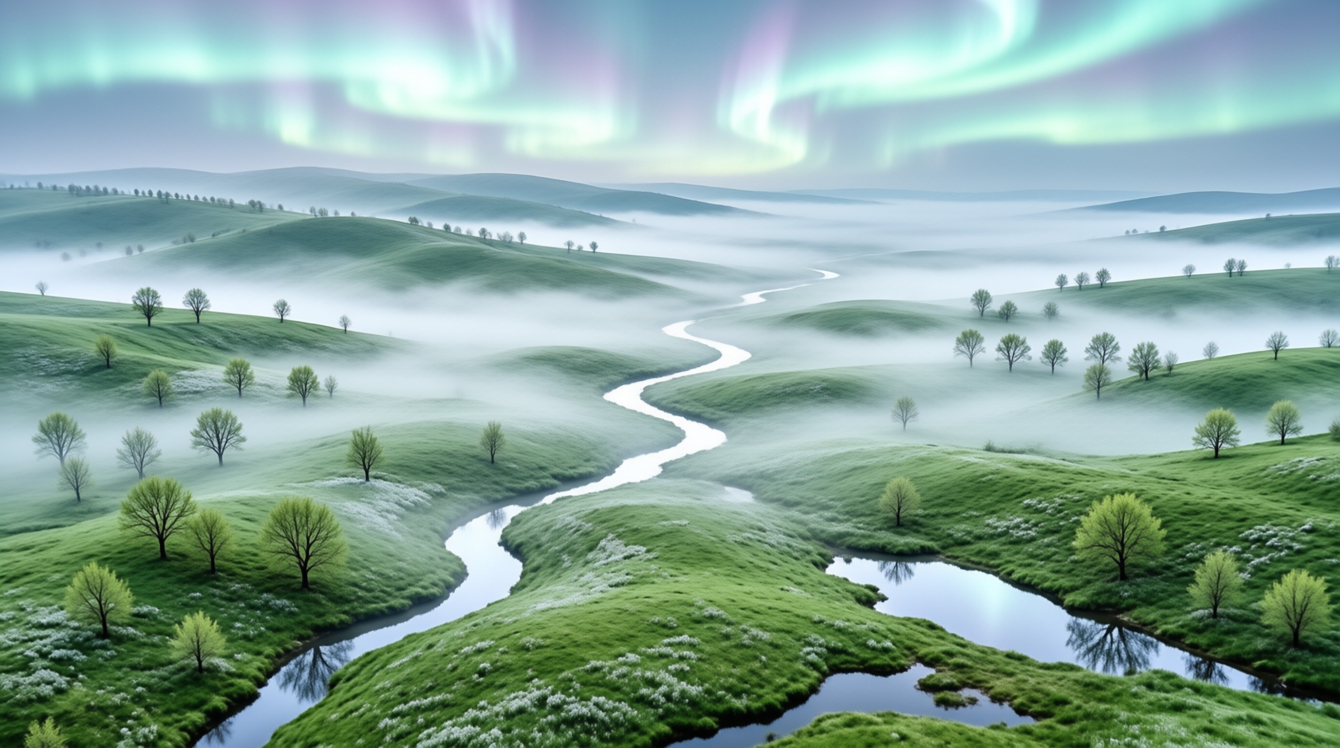 Misty Valley with Aurora