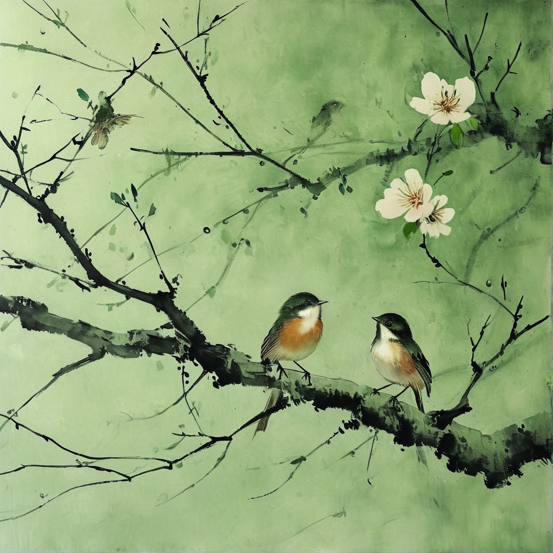 Two small birds rest on a dark branch surrounded by soft green washes and white flowers.