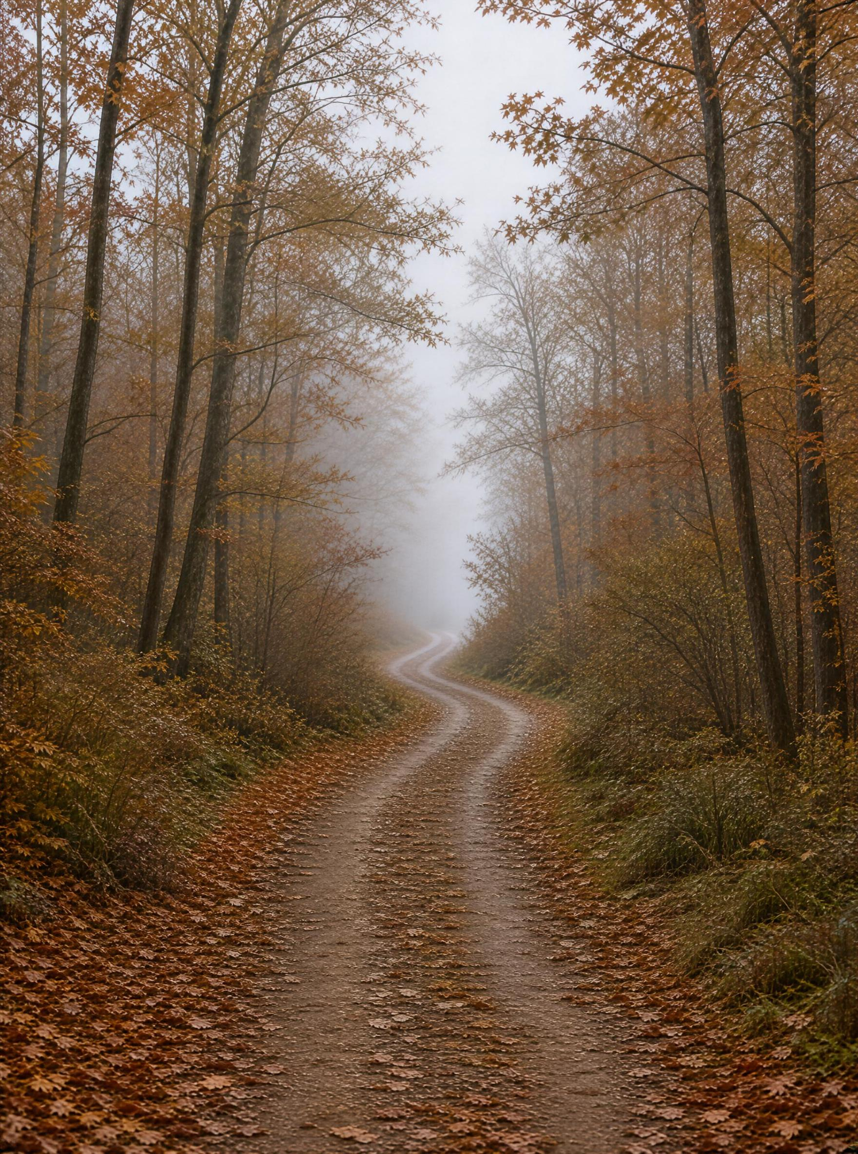 Autumn Forest Path in Fog