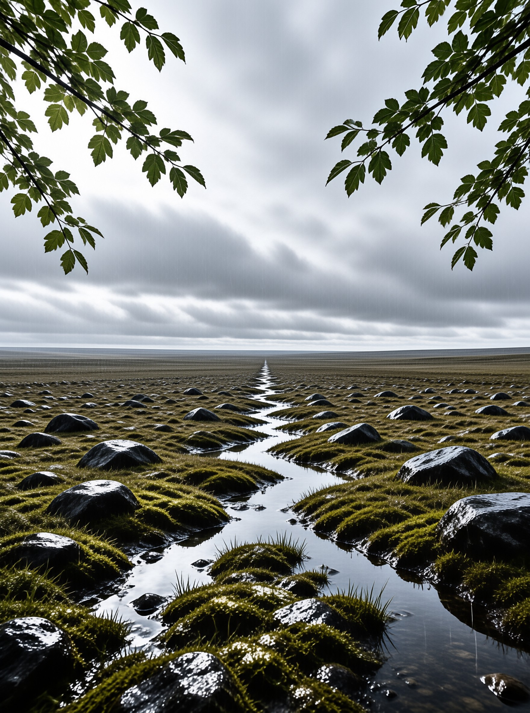 Mossy Stream Under Clouds