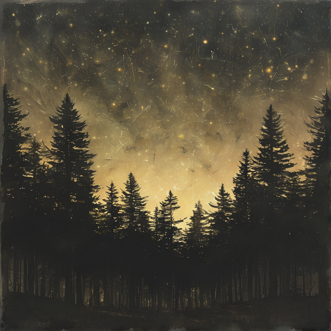 Tall dark evergreens rise against a warm sepia sky speckled with luminous stars and light scratches.