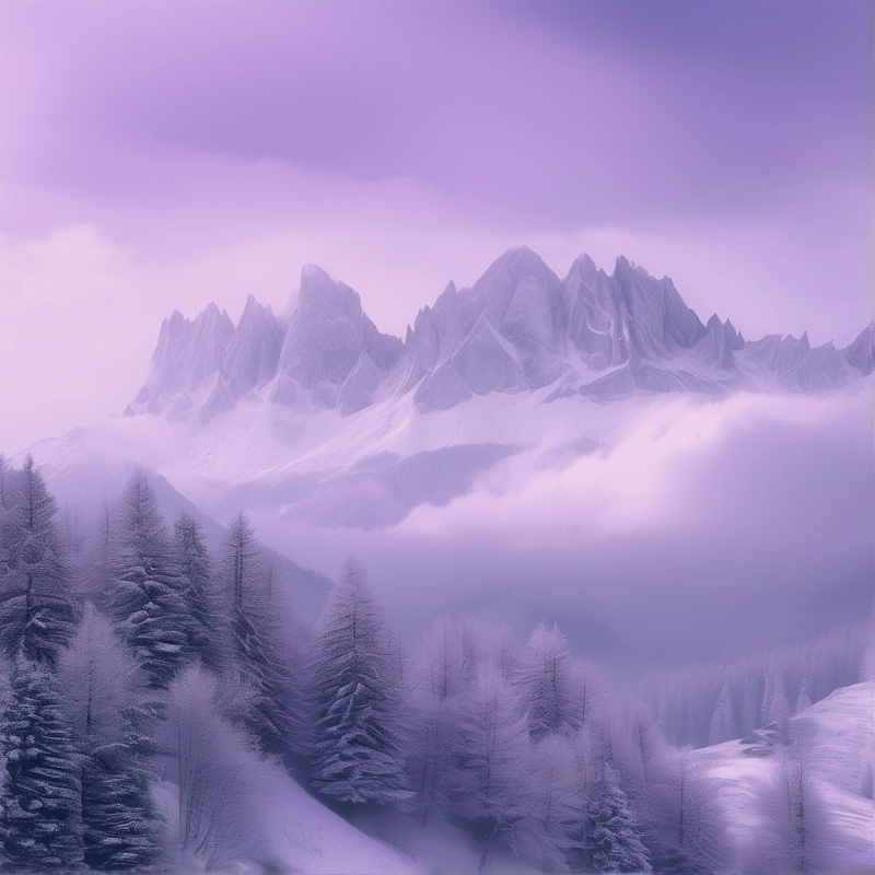 Snowy Peaks in Purple Mist