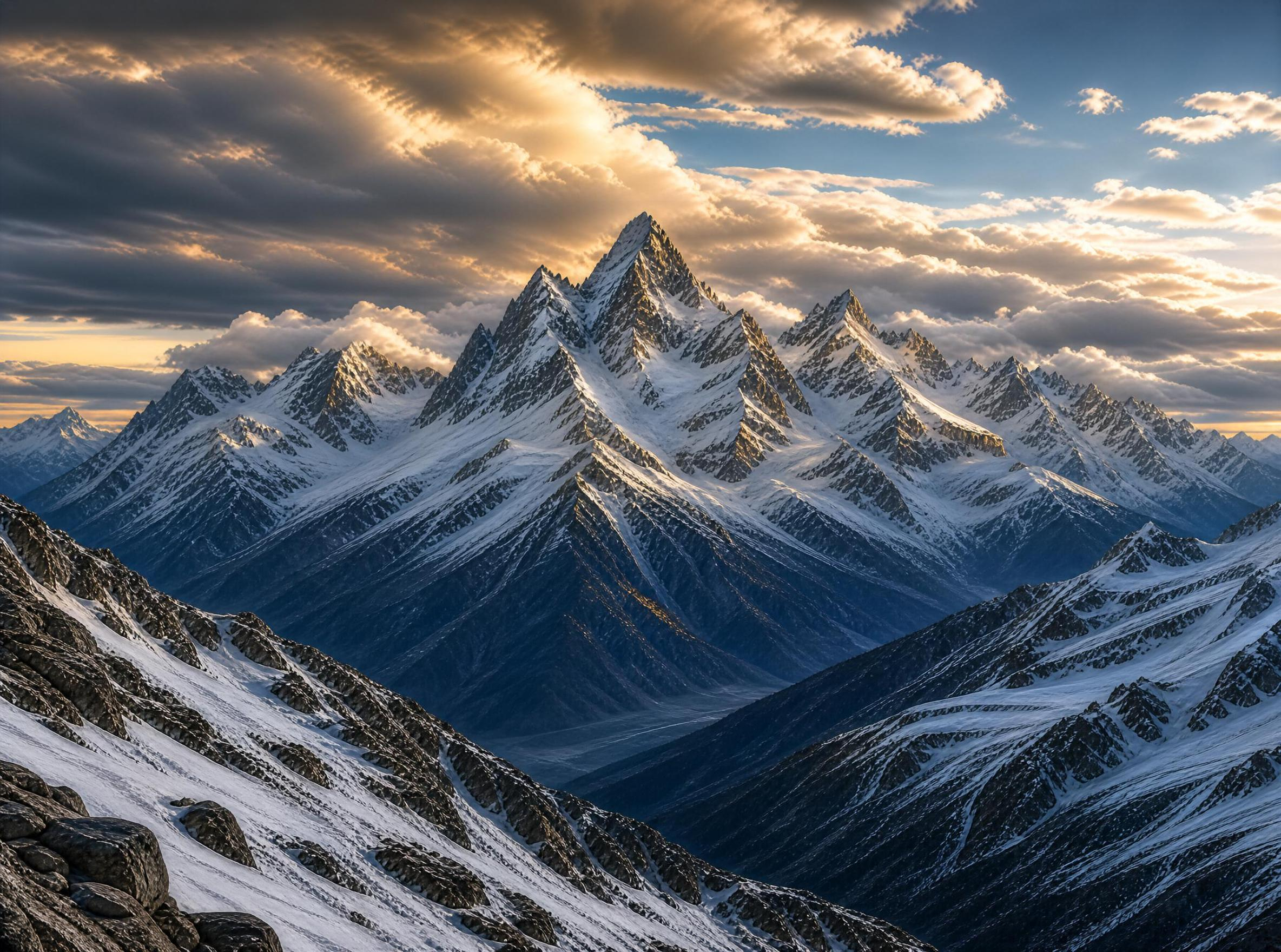 Golden Light on Snowy Peaks
