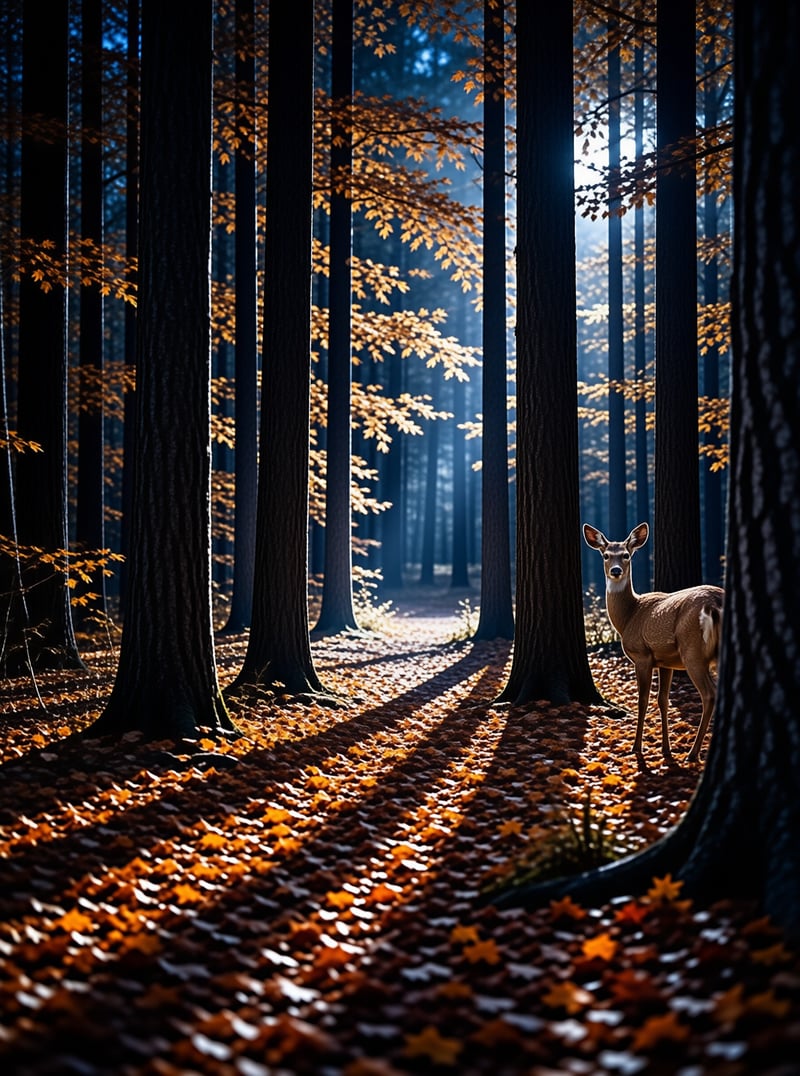 A wild deer stands on a leaf-covered forest floor illuminated by beams of sunlight filtering through the trees.