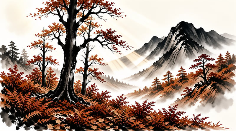 Dark trees with orange leaves stand in a valley where shafts of sunlight cut through the misty mountains.