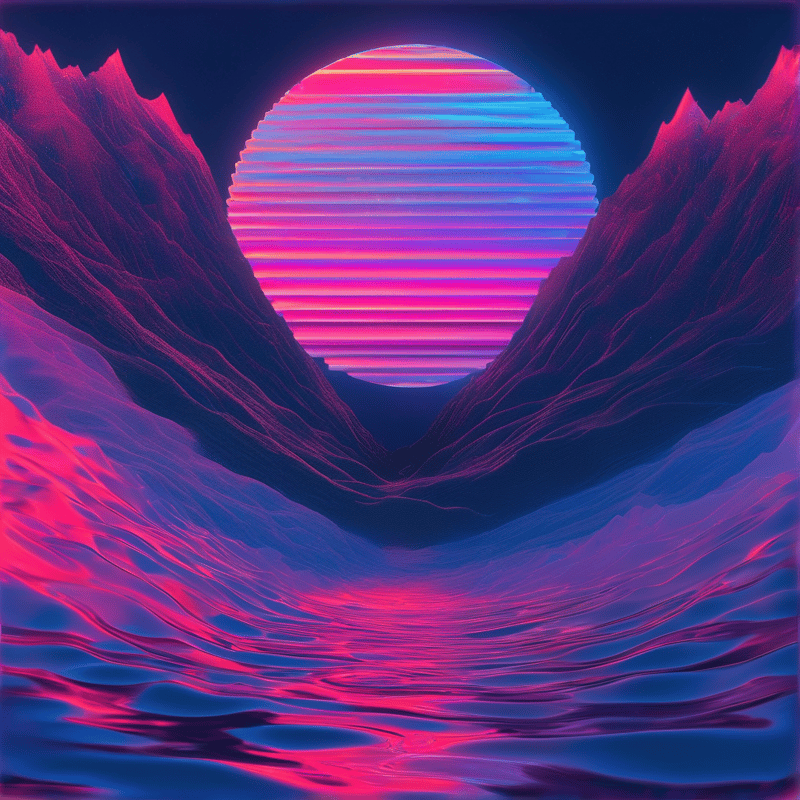 A large gradient circle hangs between purple peaks while colorful waves ripple in the foreground.