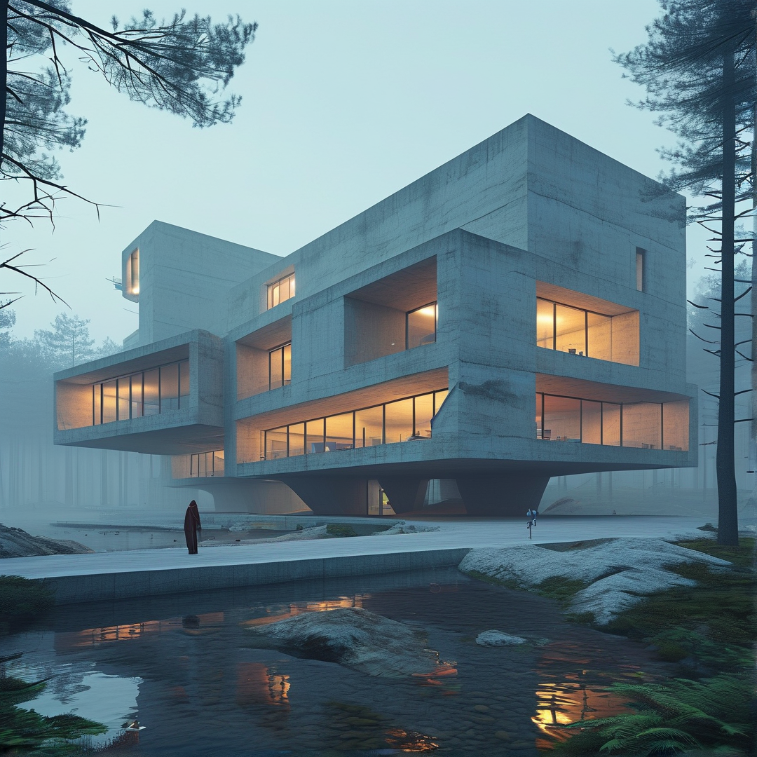 Brutalist House in Mist