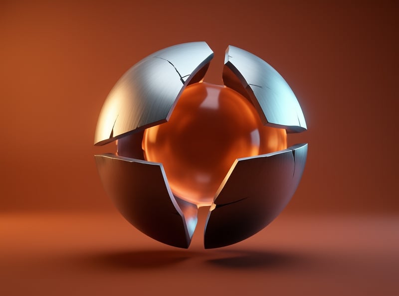 A cracked brushed metal sphere hovers above a warm brown surface, revealing a luminous translucent orange core inside.