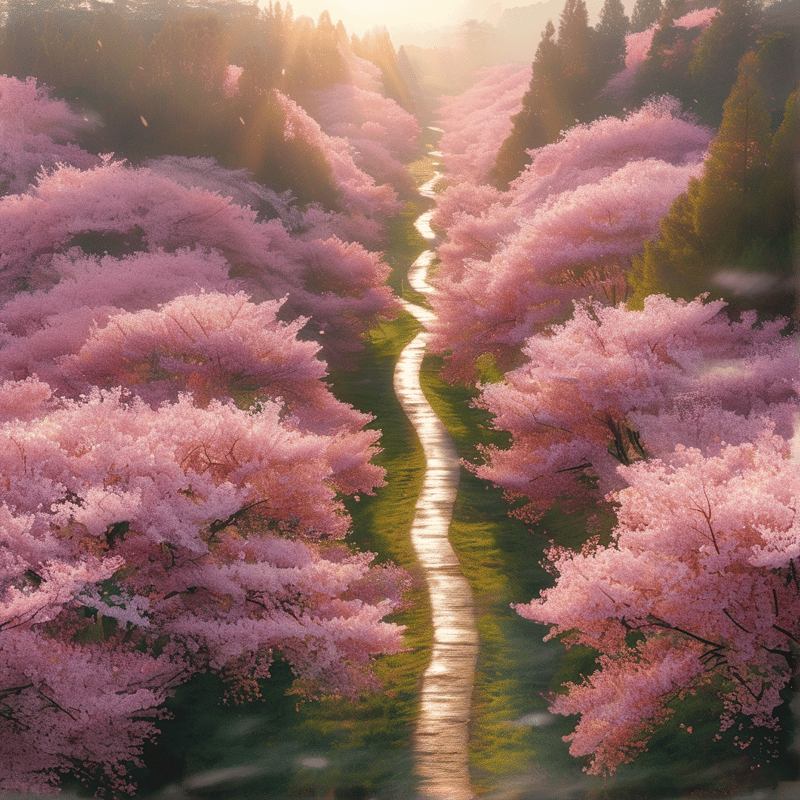 A meandering river path curves between rows of blooming pink cherry trees, illuminated by soft warm dawn sunlight filtering through distant trees.
