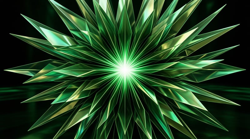 A geometric green structure with sharp spikes radiates brilliant white light from its center against a dark background.