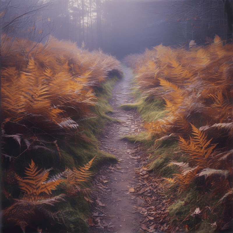 A narrow trail passes between thick golden bracken bushes while fog obscures the background trees.