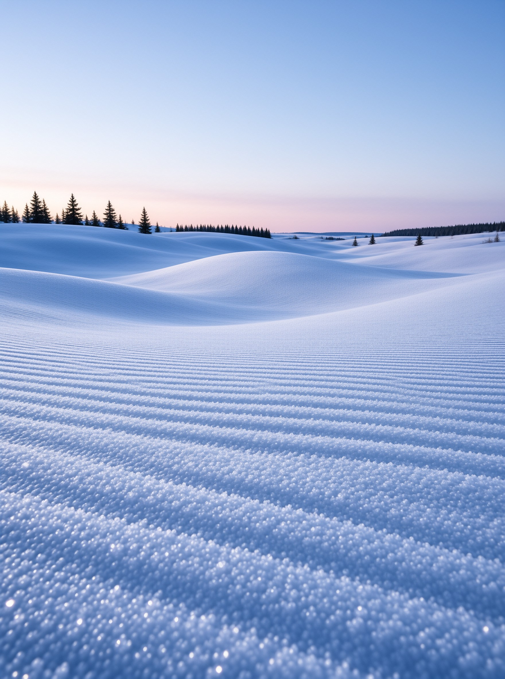 A vast expanse of white snow covered in horizontal wind patterns stretches toward a distant line of dark evergreen trees under a gradient sky transitioning from soft pink to blue at sunrise.