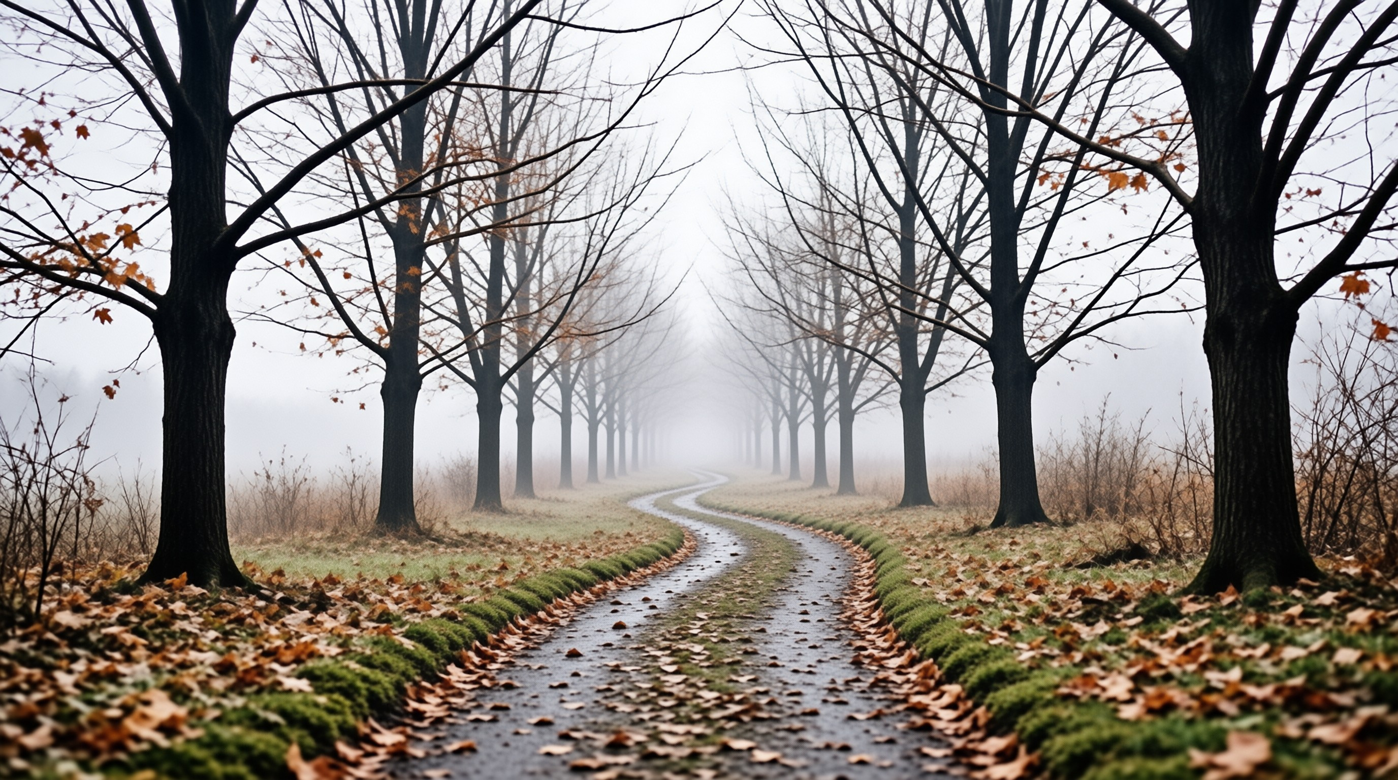 A wet path curves between rows of leafless trees as dense fog hides the horizon and scattered leaves blanket the grass.