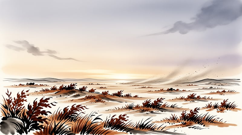 A loose watercolor painting depicts a vast salt flat beneath a soft glowing sky with dark foreground vegetation.