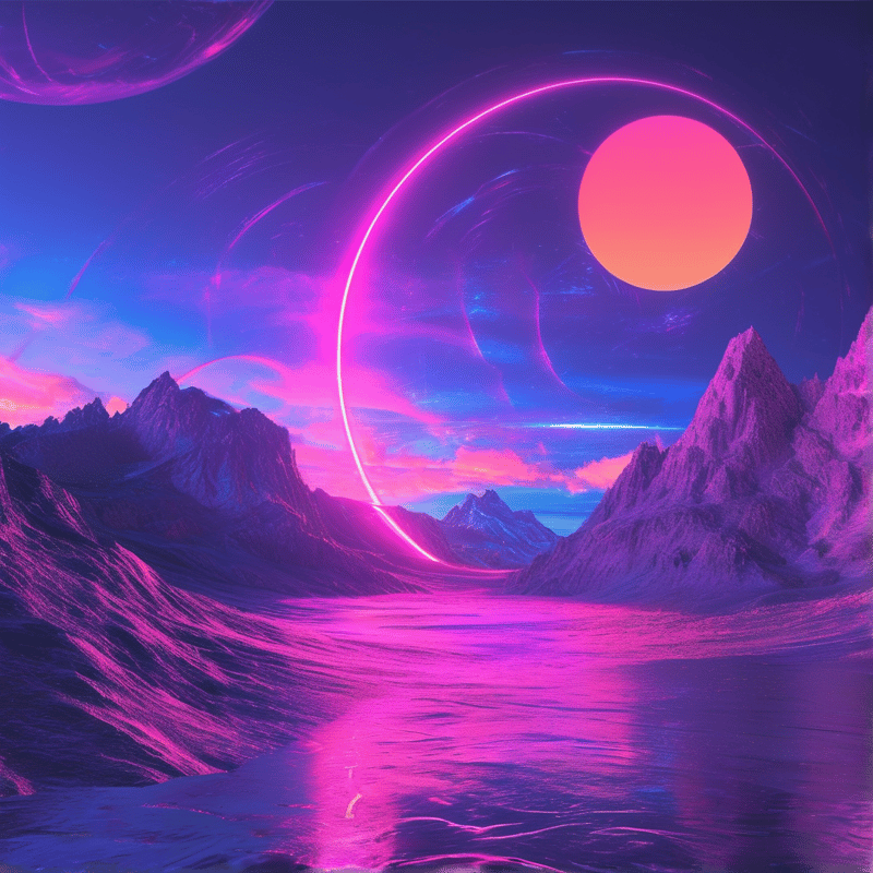 Jagged peaks frame a glowing purple lake beneath a sky containing a massive pink orb and a luminous ring structure.