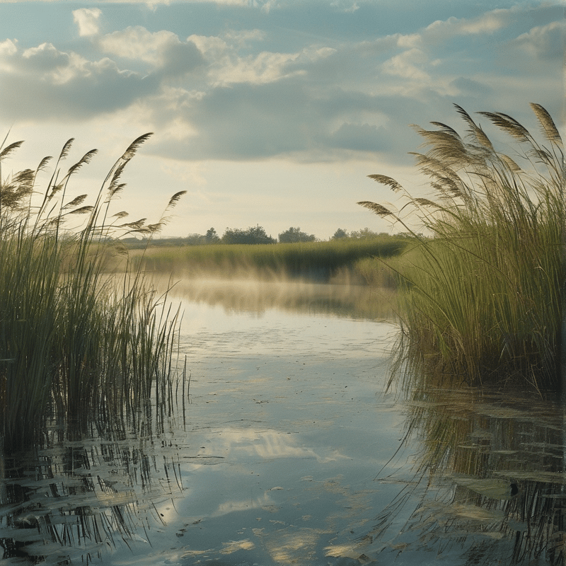 Tall marsh reeds lean in the gentle wind framing a calm still wetland water that reflects the soft pastel sky with scattered clouds above the distant tree line.