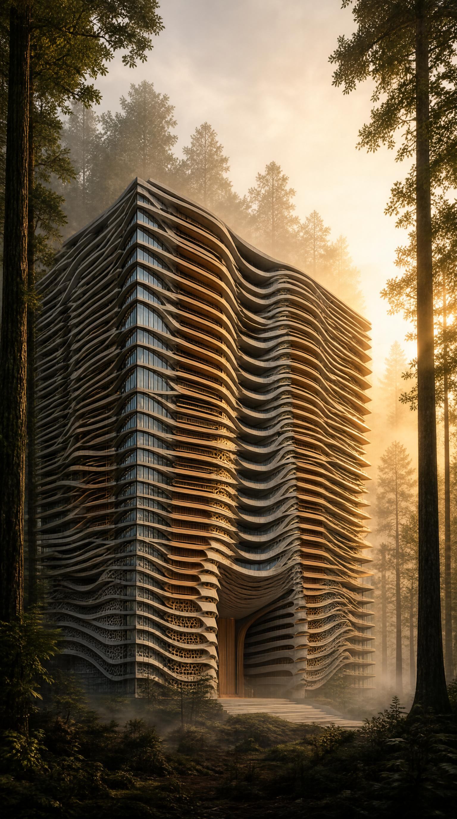 Modern Wave Building in Forest
