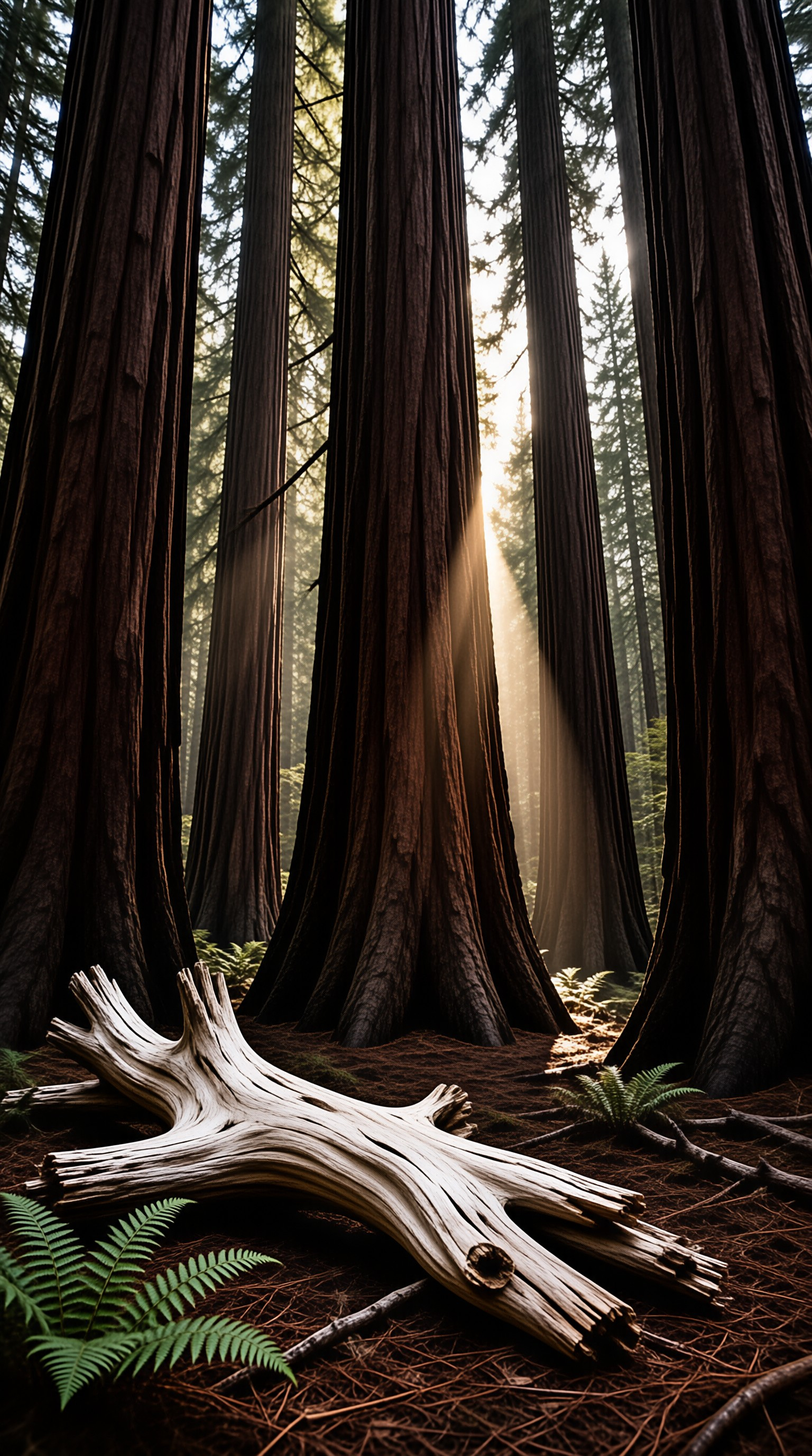 Towering trees stand in a forest as golden sunlight streams through the canopy illuminating white driftwood on the ground