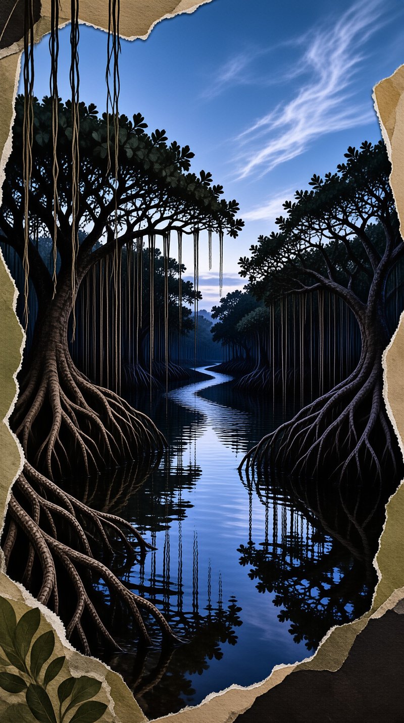 Twilight light highlights a river bordered by mangrove trees with hanging roots, reflecting trees and clouds on the water.