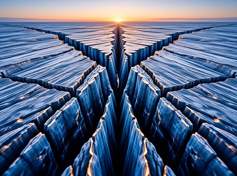 Cracked blue earth stretches toward a bright setting sun on the horizon with warm light reflecting off the sharp ridges.