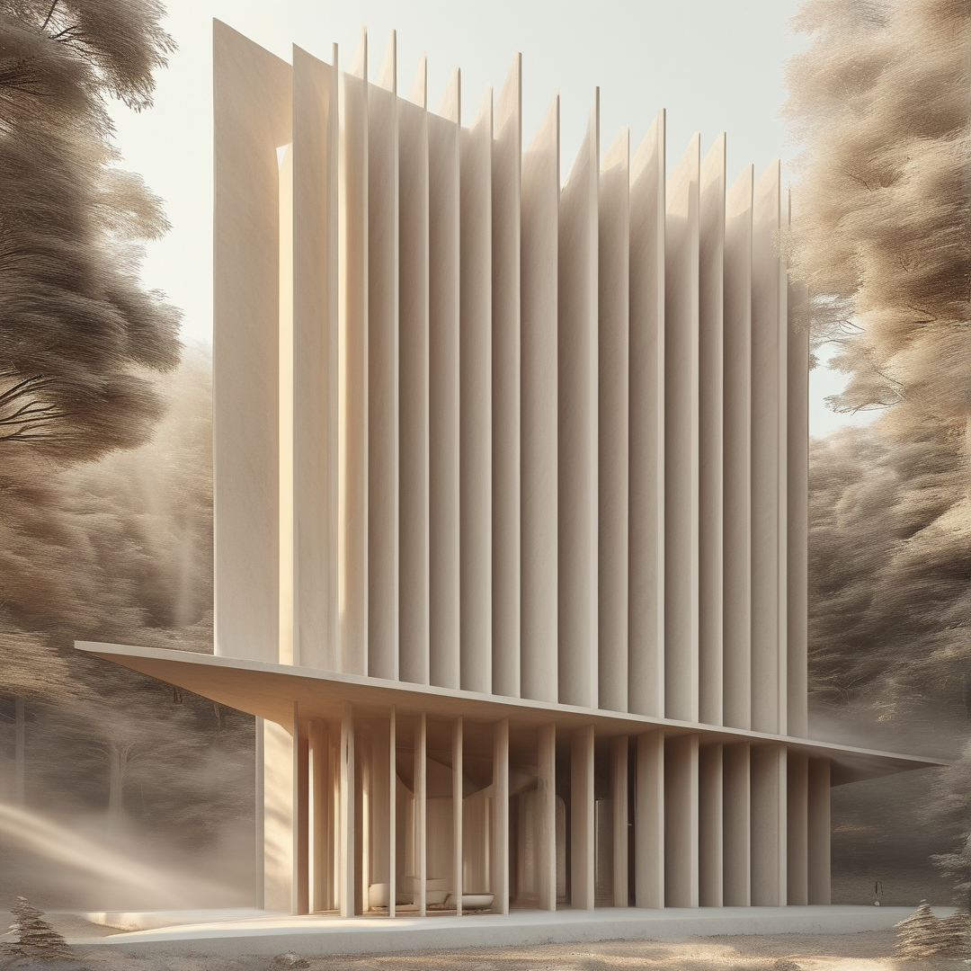 A minimalist building with vertical panels stands in a misty forest while sunlight streams across its columns.
