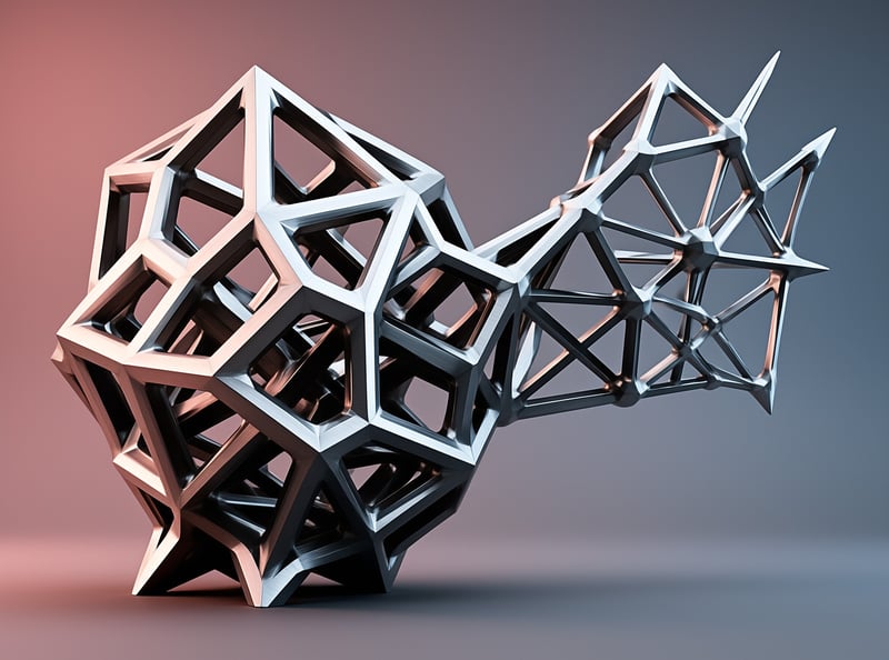 A complex geometric structure made of interlocking metal frames stands against a smooth gradient background.