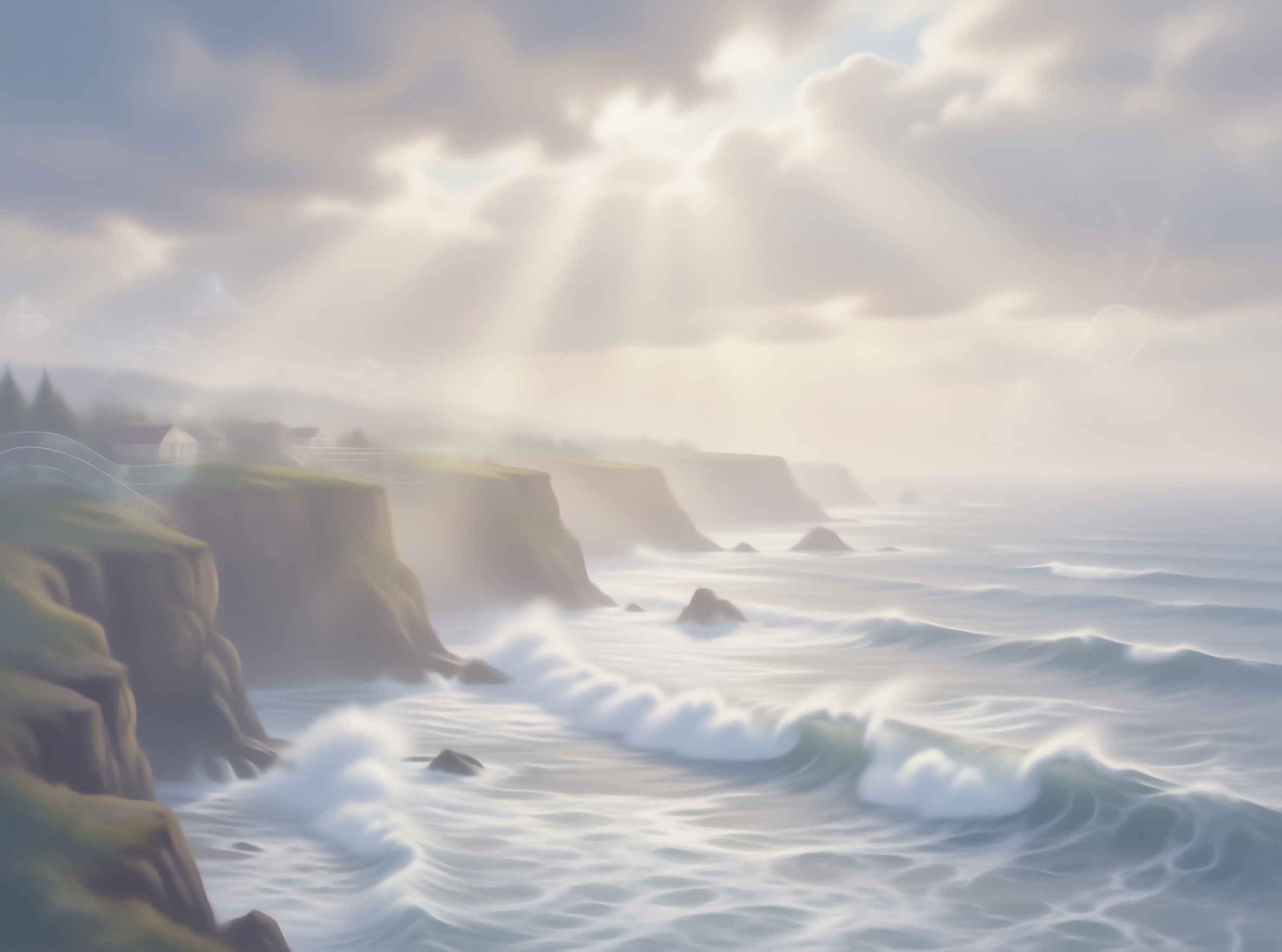 Sunbeams Over Misty Coastal Cliffs