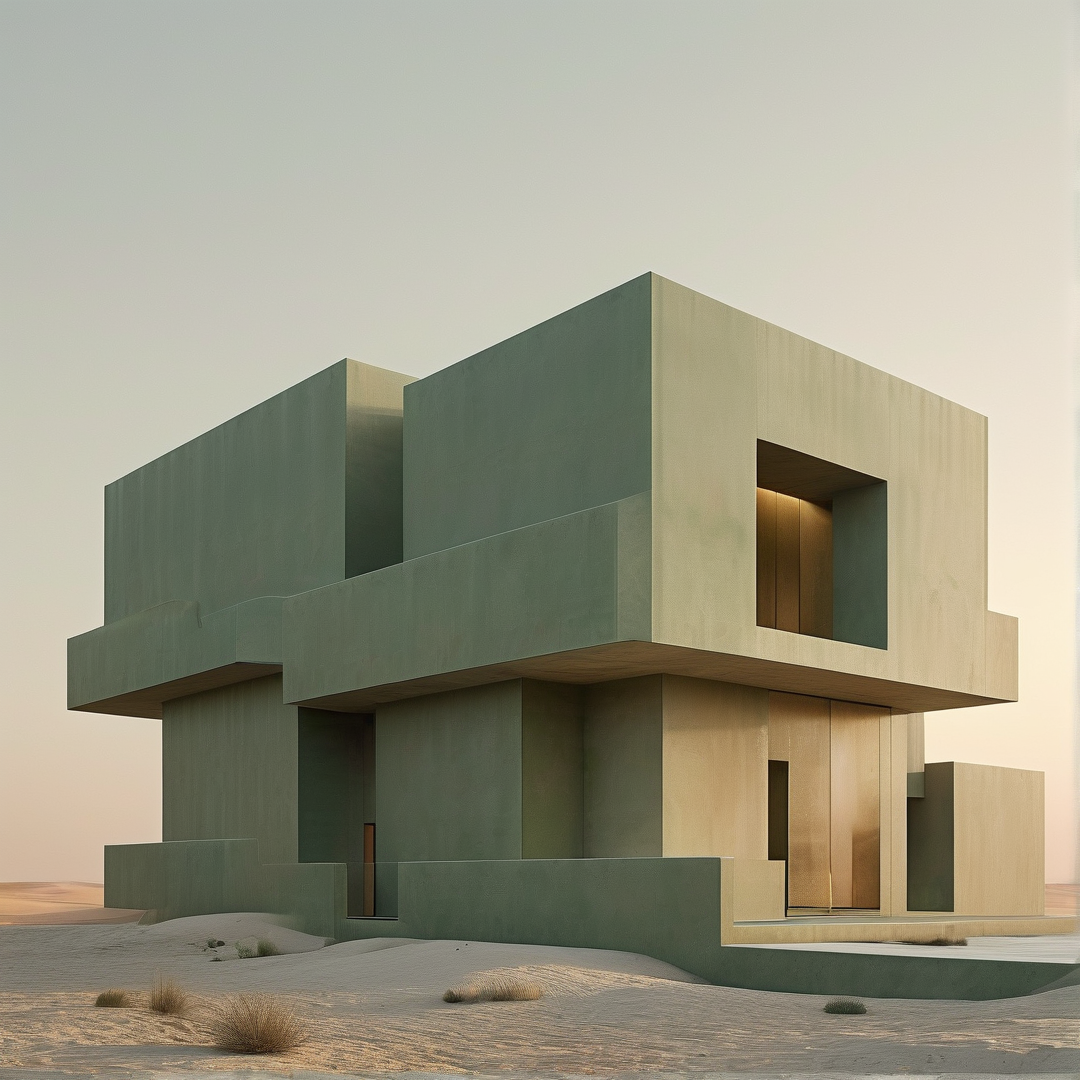 A blocky multi-level concrete home sits on arid desert sand lit by soft warm sunset light