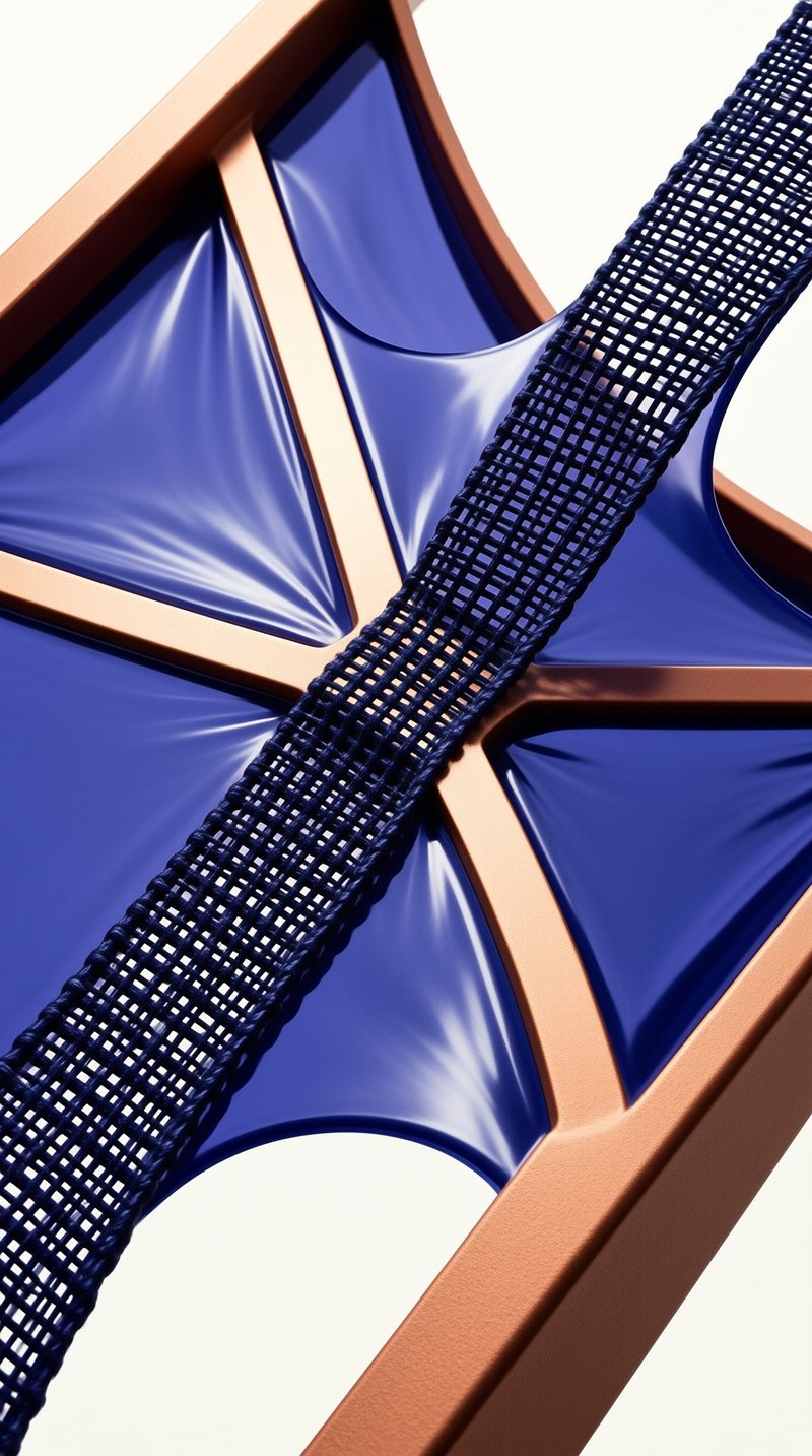 A glossy blue star-shaped form with copper edges and a dark blue mesh band diagonally across a plain white background.