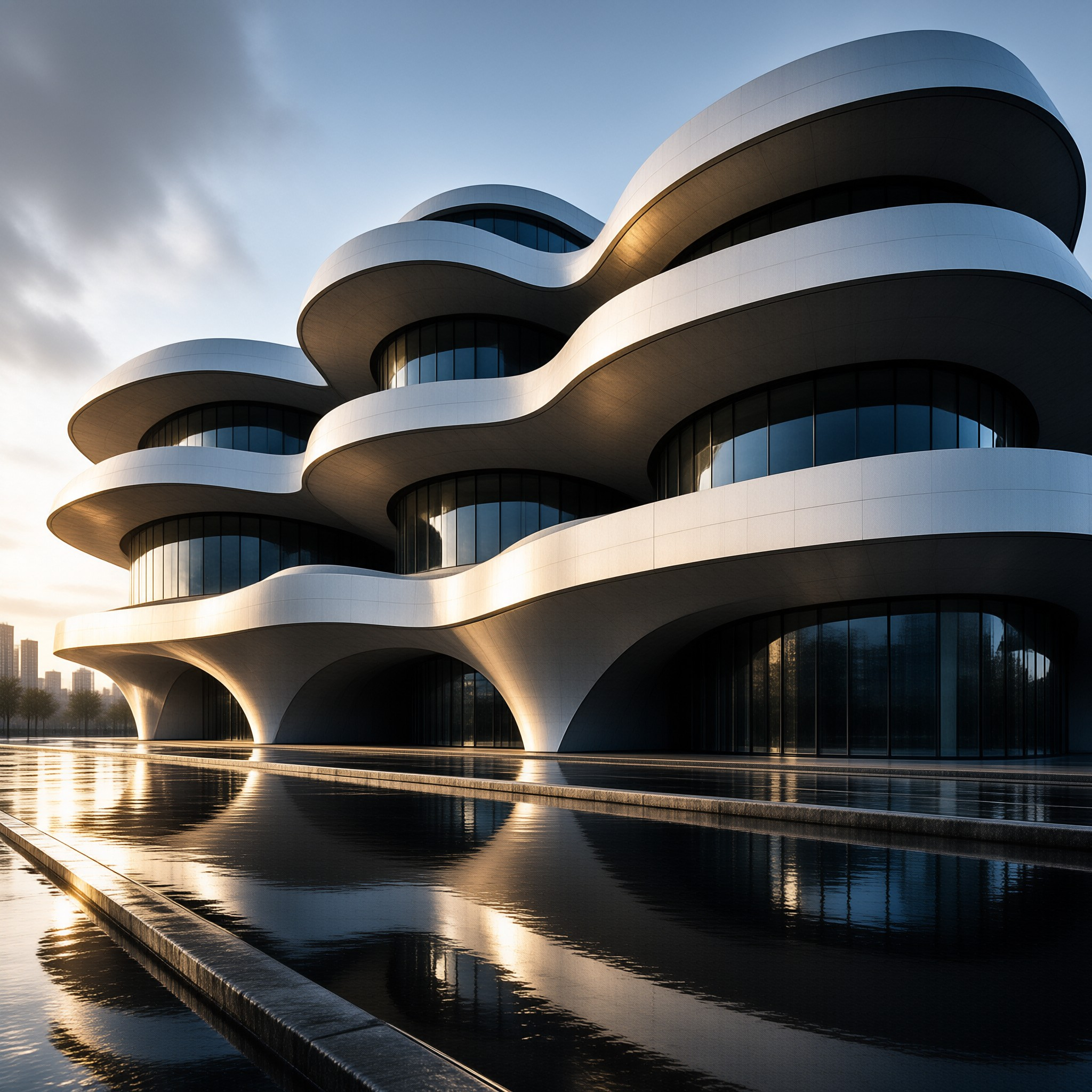 A sculptural white building with undulating horizontal bands reflected in a still pool at golden hour