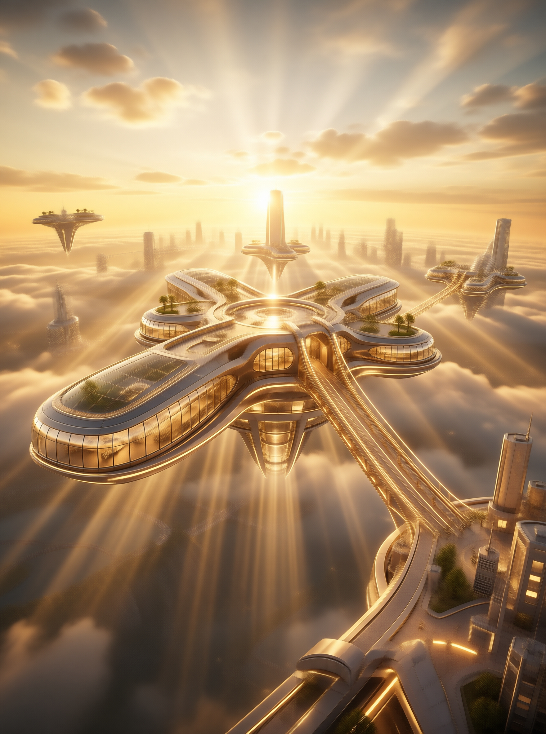 Futuristic Floating City at Sunrise