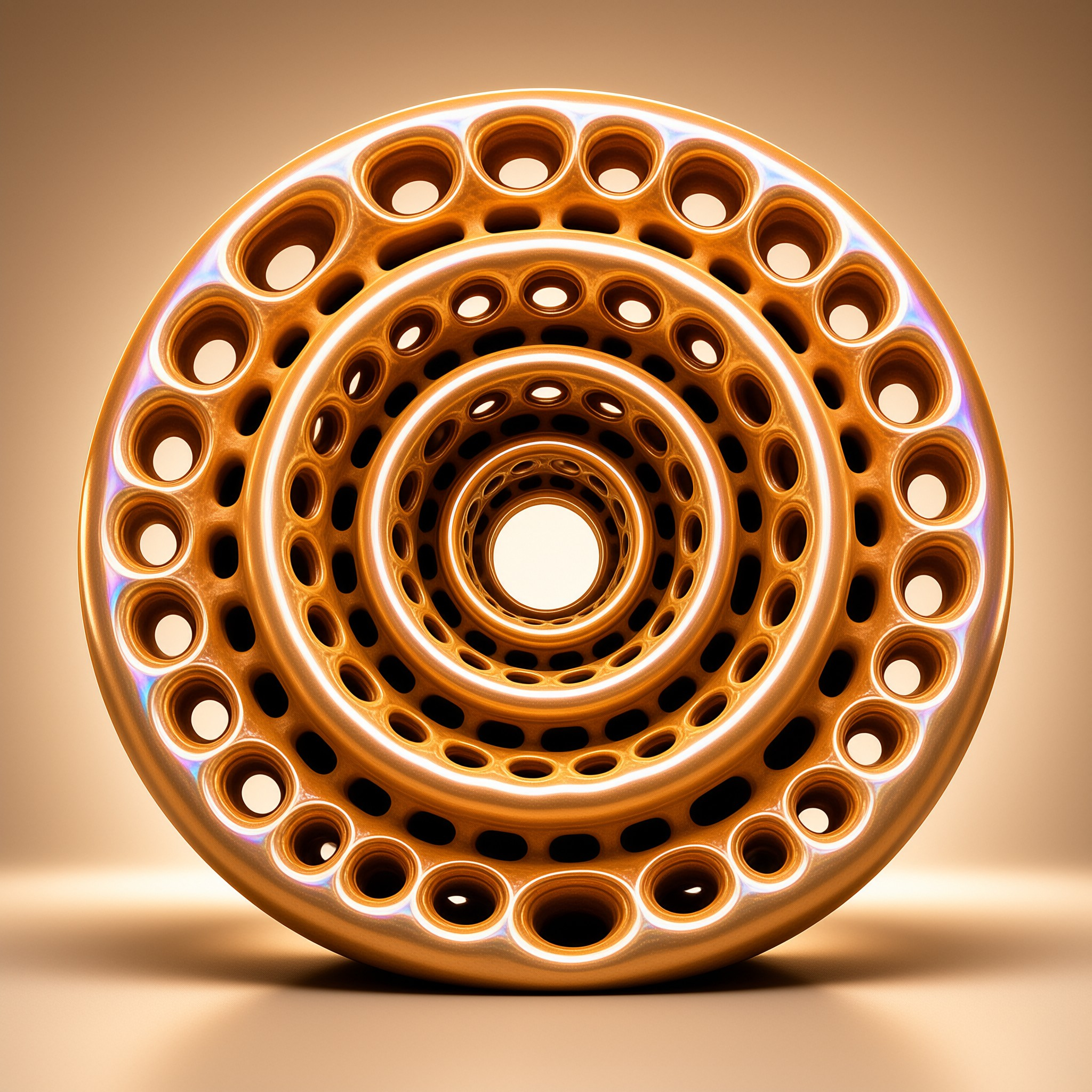 A metallic gold cylinder featuring concentric rings of holes stands against a soft beige backdrop.