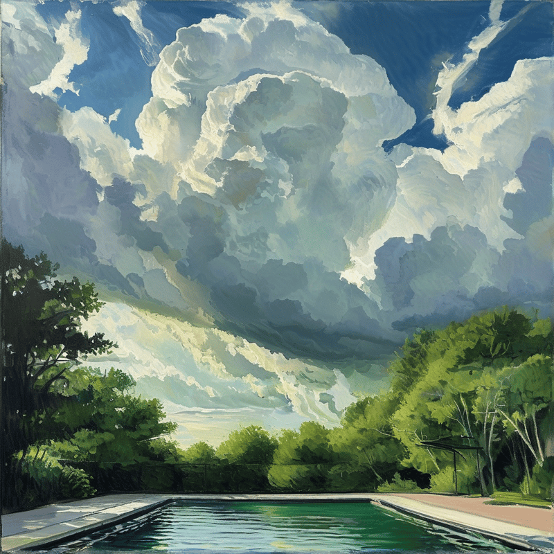 An oil painting depicts a rectangular pool surrounded by lush trees while a giant cumulus cloud looms overhead.