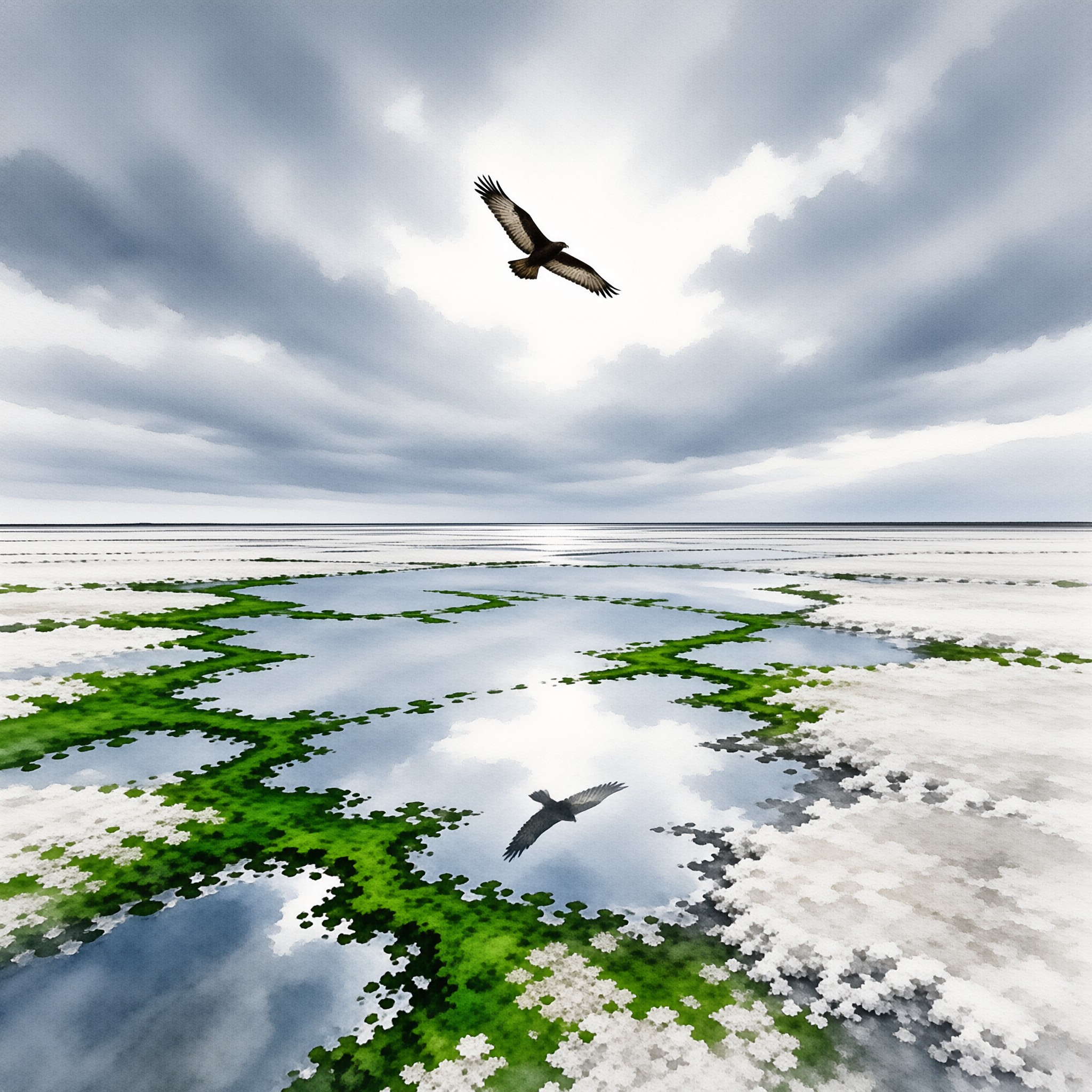 A hawk flies above a vast white marshland where green patches surround water reflecting the cloudy sky.