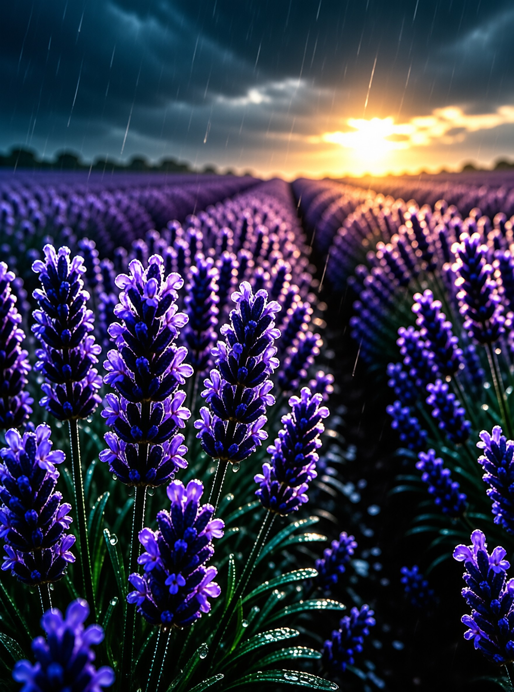 Lavender Field in Sunset Rain