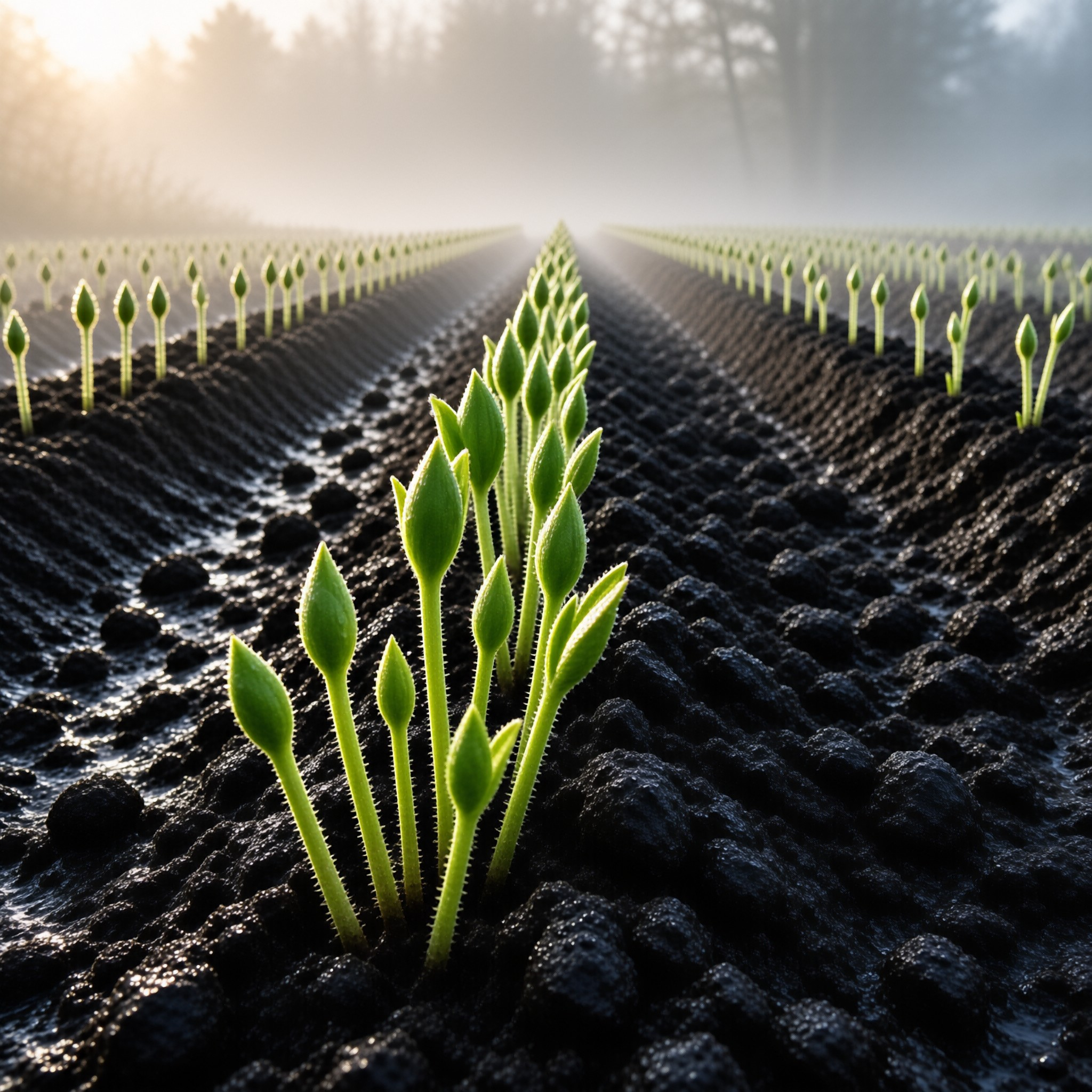 Rows of Green Sprouts in Soil