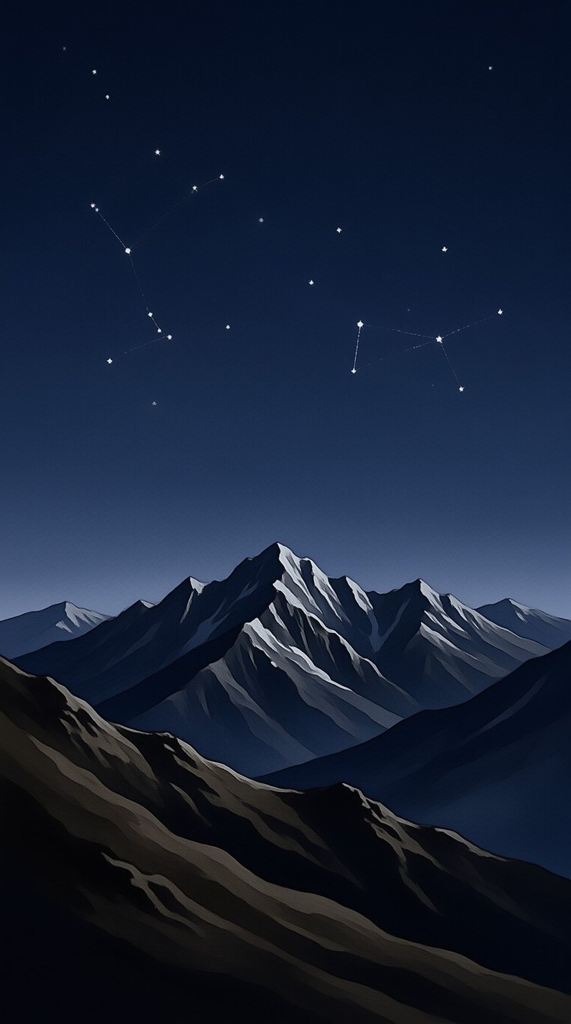 Snow capped mountains rise beneath a dark blue sky filled with white stars connected by thin lines forming constellation patterns across the night.