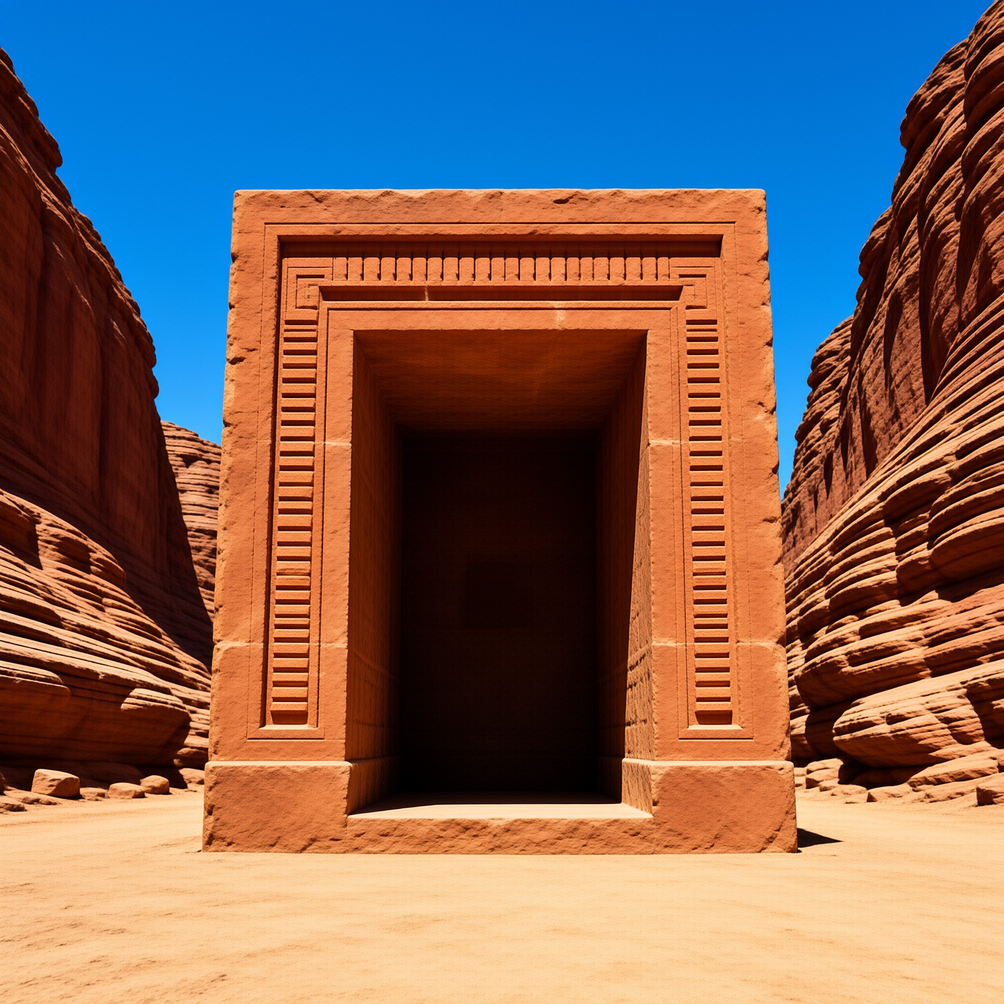 A monumental sandstone gateway with stepped fretwork stands between layered canyon walls under a cloudless blue sky.