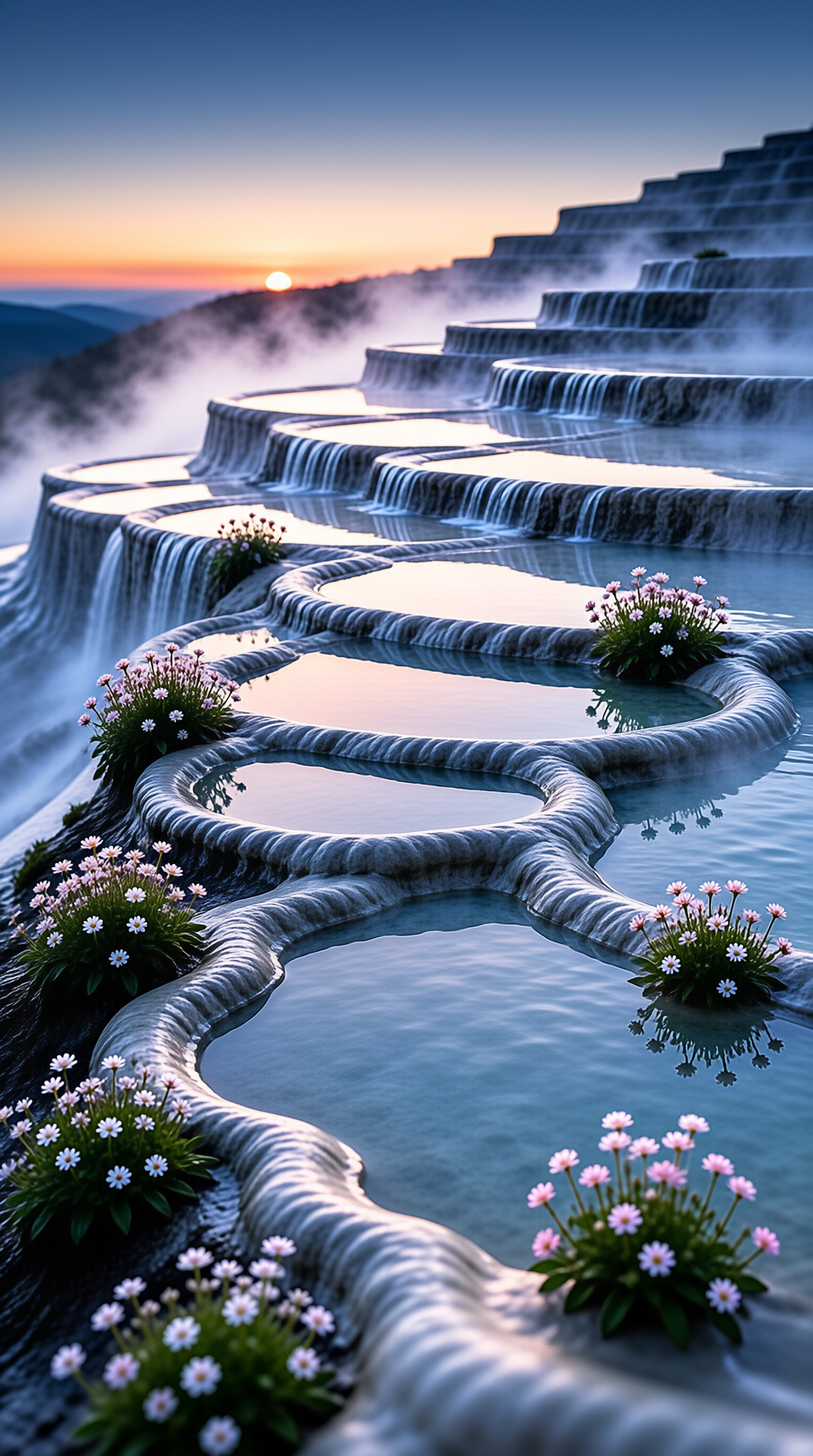 A curved waterfall features small pink and white daisy flowers blooming in stone ledges while a warm sunset glows above misty hills.