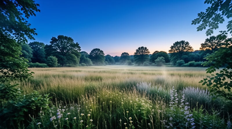 A field of tall grasses and wildflowers sits beneath a thin layer of fog at sunrise while a deep blue sky stretches over a distant treeline