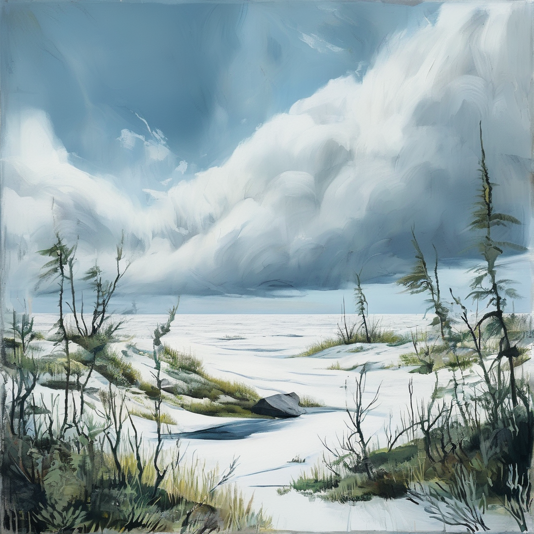 A painterly view of a wide snow covered landscape with sparse gaunt pines beneath bright and shadowed massive cumulus clouds.